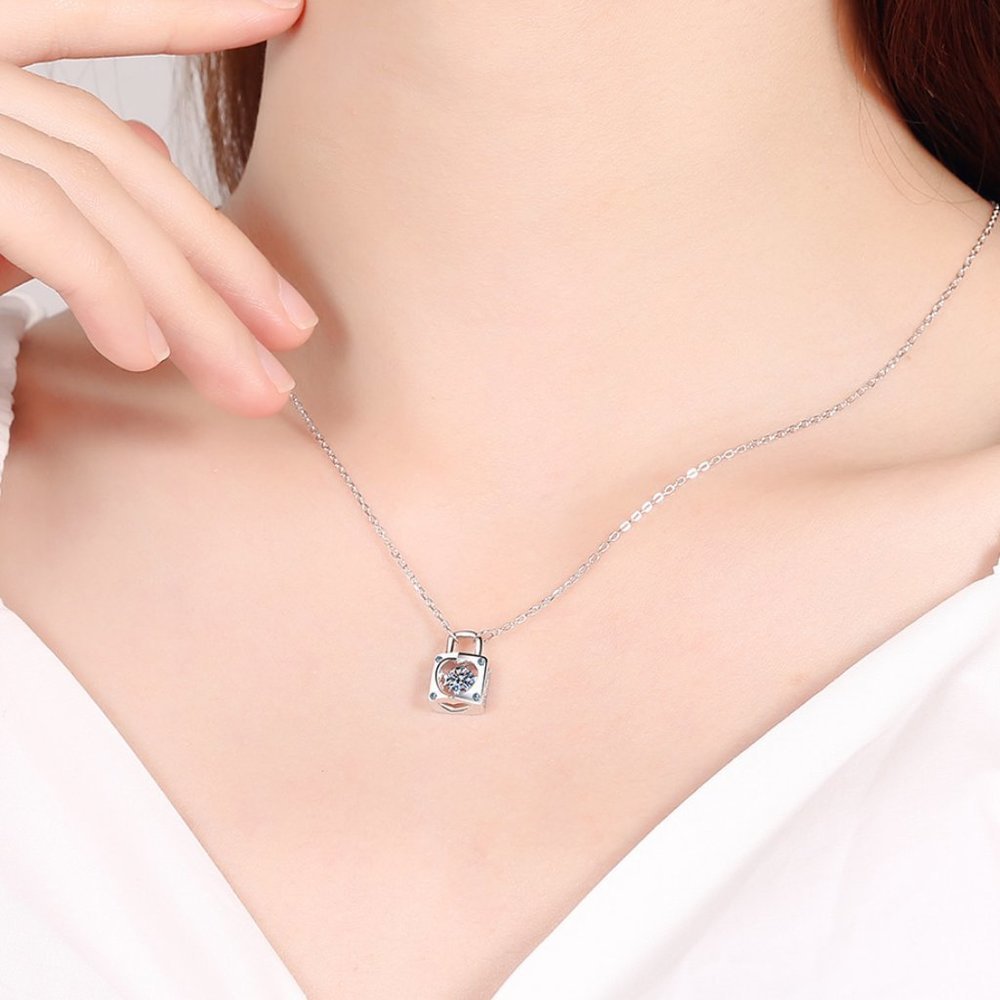 Certified 1/3 ct. t.w. Diamond Moissanite Dancing Heart Lock Necklace NEW - Picture 5 of 9